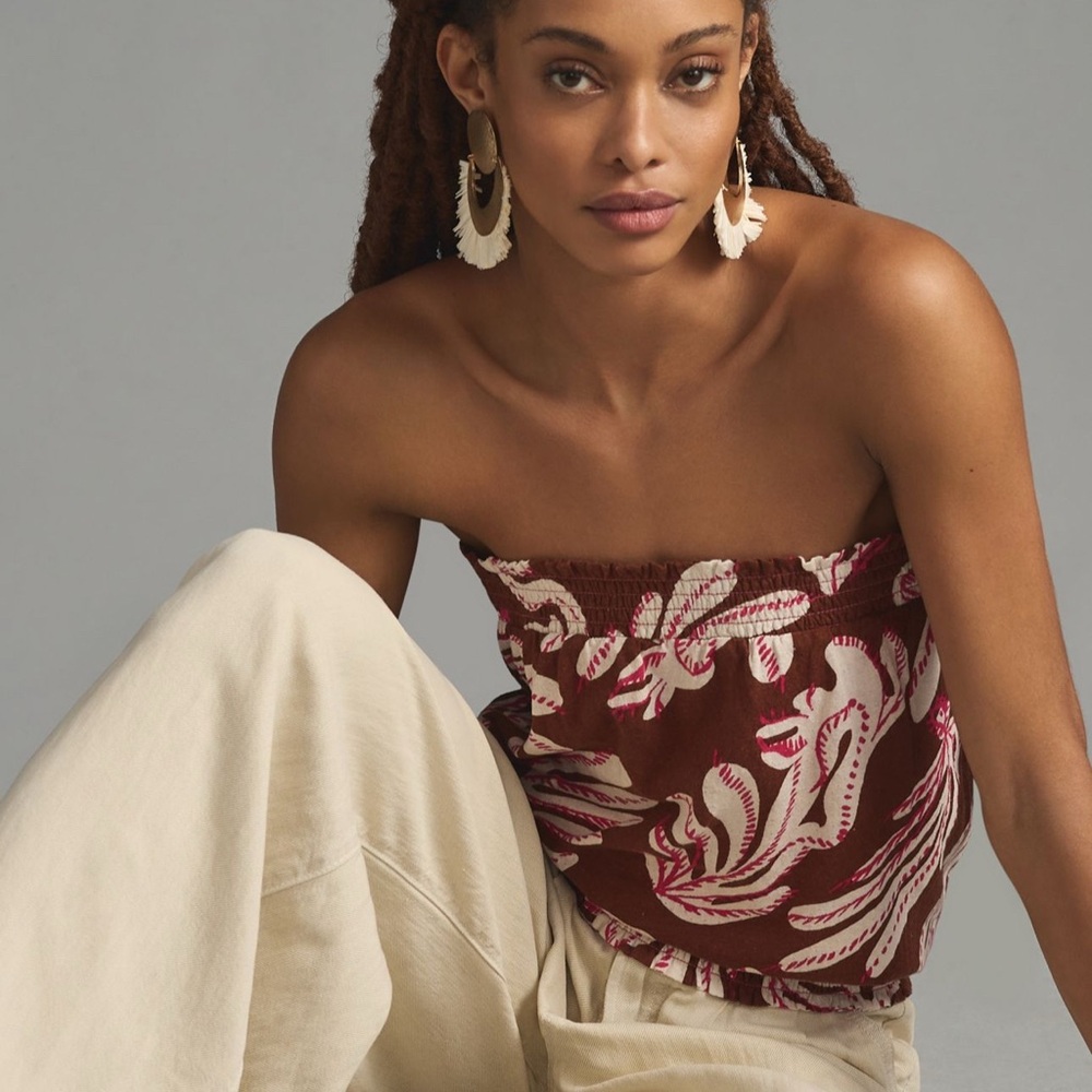 By Anthropologie Cotton Linen Strapless Smocked Bubble Top - Brown Sz Medium NWT